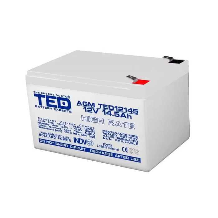 Acumulator pentru masinute electrice 12V/14.5Ah High Rate F2 AGM VRLA TED Electric TED12145 - Autokids.ro