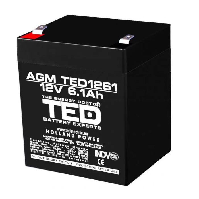 Acumulator pentru masinute electrice 12V/6.1Ah AGM VRLA F2, TED1261 - Autokids.ro