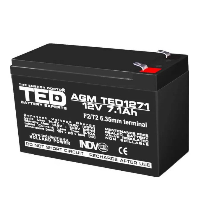 Acumulator pentru masinute electrice 12V/7.1Ah AGM VRLA F2, TED1271 - Autokids.ro