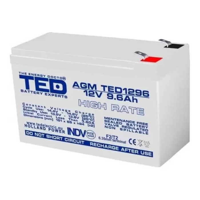 Acumulator pentru masinute electrice 12V/9.6Ah High Rate F2 AGM VRLA TED Electric TED1296 - Autokids.ro