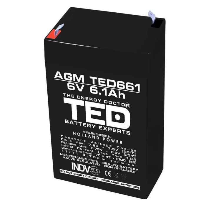 Acumulator pentru masinute electrice 6V/6.1Ah AGM VRLA F1, TED661 - Autokids.ro