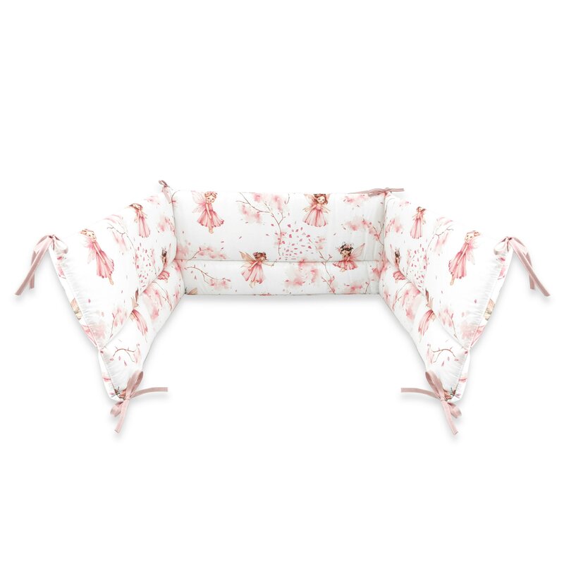 Aparatoare pentru patut, Qmini, Din bumbac certificat Oeko Tex Standard 100, 180x30 cm, Cu panglici, Fairy Pink
