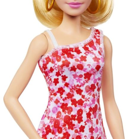 Barbie Papusa Barbie Fashionista Blonda Cu Parul Prins In Coada Si Rochie Cu Floricele - poza 3