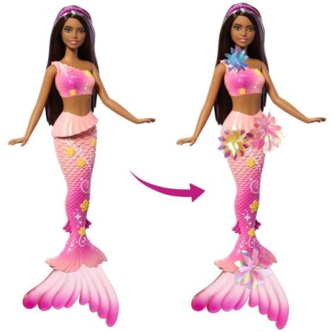 Barbie Papusa Sirena Floarea Magica Cu Par Brunet Si Coada Roz - poza 3