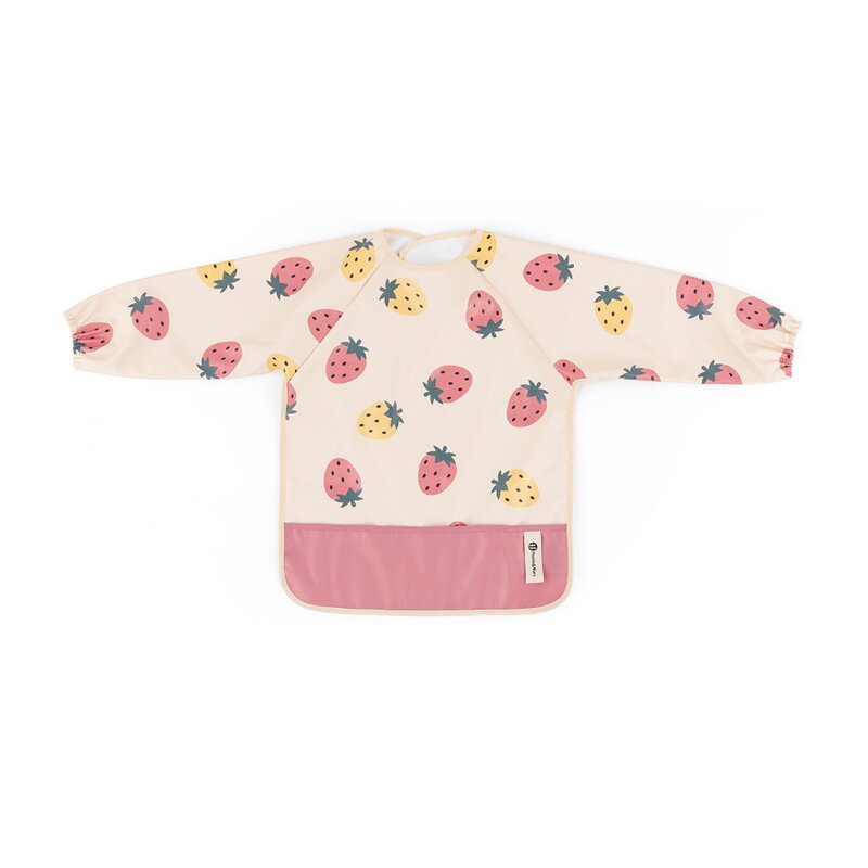 Baveta impermeabila, Petite&Mars, Cu maneci lungi, Usor de curatat, inchidere prin velcro, Dimensiune 38x42 cm, 24 luni+, Beige Strawberies