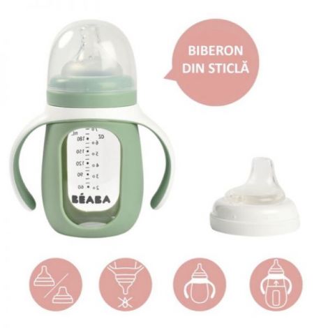 Biberon de invatare 2 in 1 din Sticla Beaba 210 ml Sage Green - poza 3
