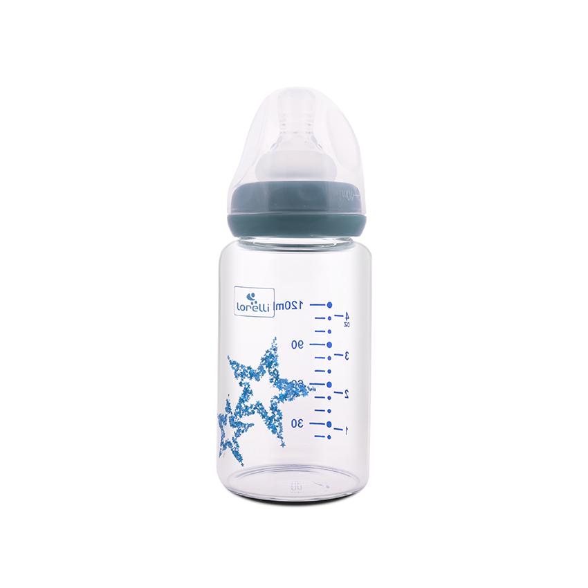 Biberon de sticla cu tetina anticolici Lorelli Baby Care Stars 120 ml 0+ Moonlight Blue - poza 1