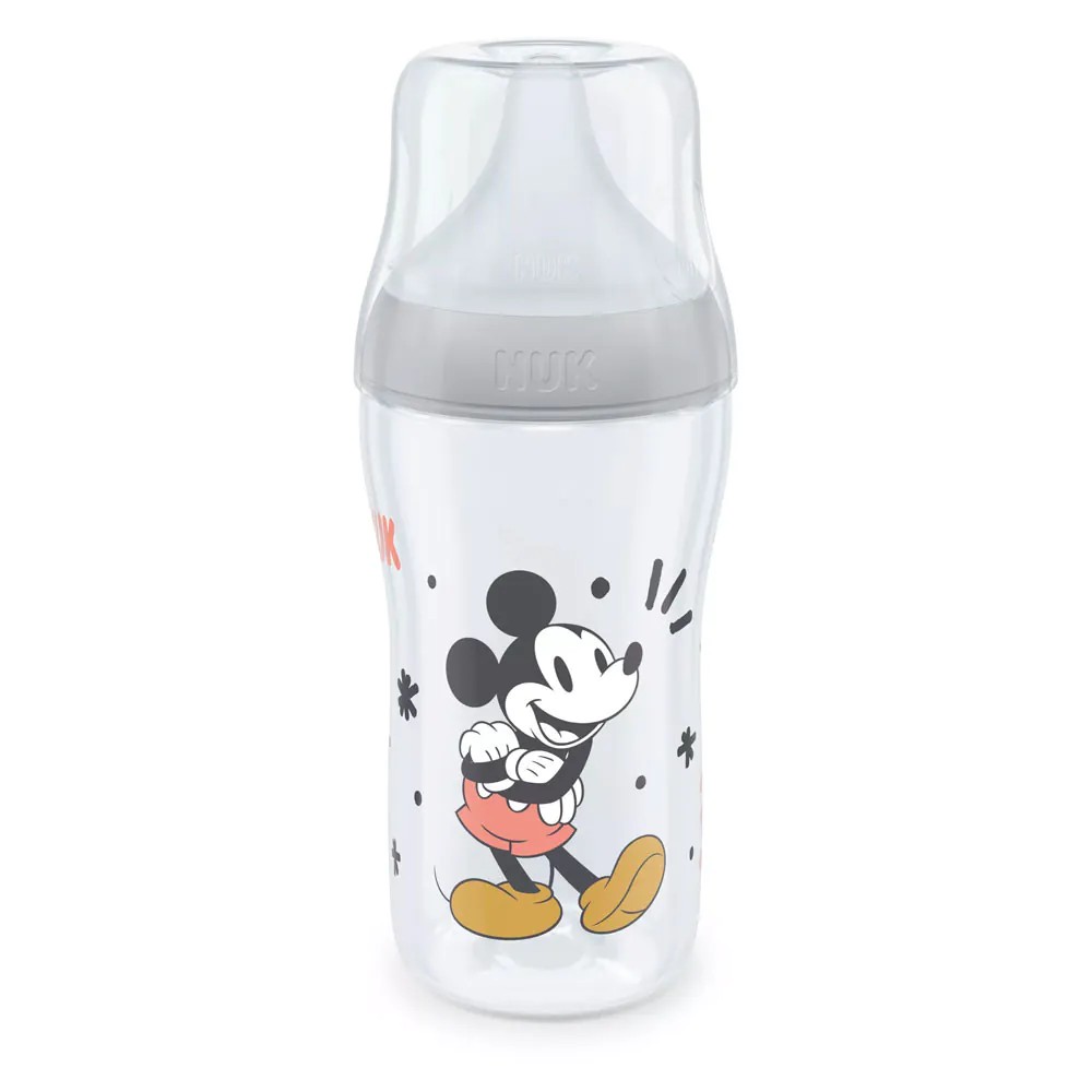 Biberon polipropilena cu tetina silicon si control de temperatura Nuk PM 260 ml 3 luni + M Mickey Grey - poza 1