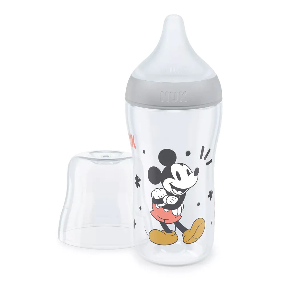 Biberon polipropilena cu tetina silicon si control de temperatura Nuk PM 260 ml 3 luni + M Mickey Grey - poza 2