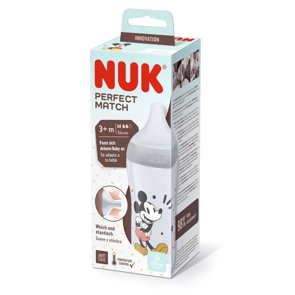 Biberon polipropilena cu tetina silicon si control de temperatura Nuk PM 260 ml 3 luni + M Mickey Grey - poza 3