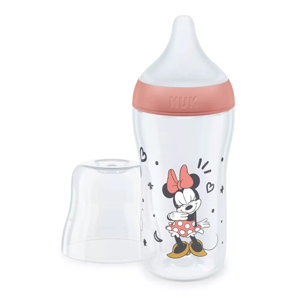 Biberon polipropilena cu tetina silicon si control de temperatura Nuk PM 260 ml 3 luni + M Minnie Red - poza 2