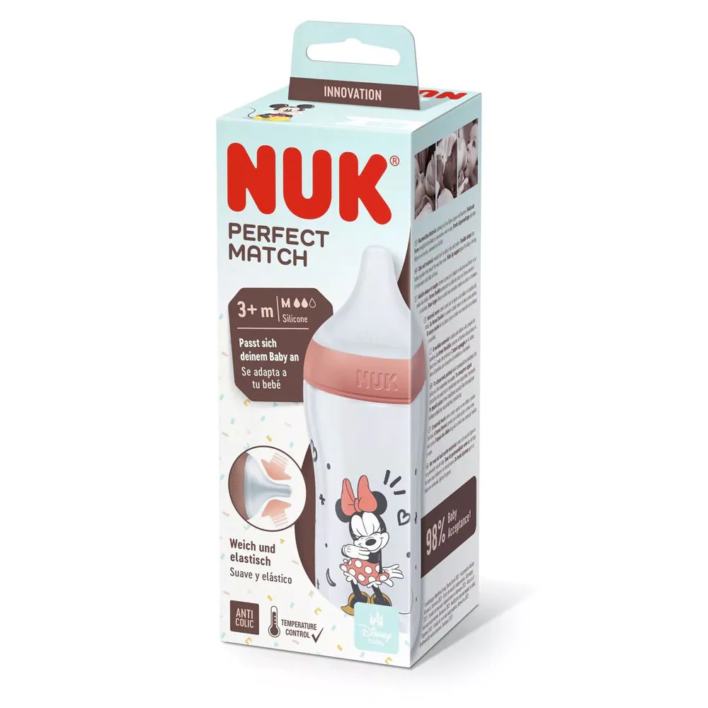 Biberon polipropilena cu tetina silicon si control de temperatura Nuk PM 260 ml 3 luni + M Minnie Red - poza 3