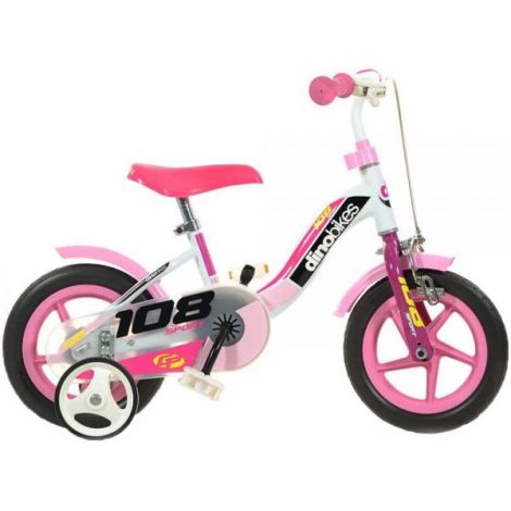 Bicicleta copii 2-3 ani, 10 inch, Sport Alb Si Roz Cu Frana, Dino Bikes DB108FL0509WP - poza 1
