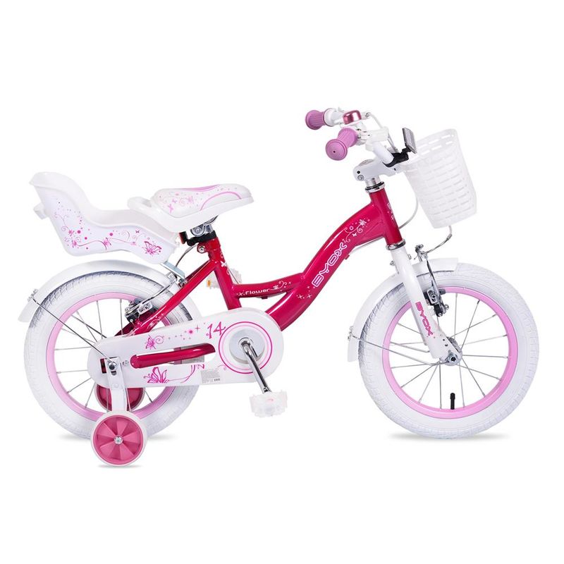 Bicicleta pentru fete 14 inch Byox Flower roz si alb cu roti ajutatoare - poza 1