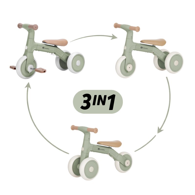 Bicicleta/tricicleta, Petite&Mars, 3 in 1, Multifunctionala, Cu/fara pedale, Ghidon directionabil, Sa reglabila pe inaltime, 2.3 kg, Pana la 25 kg, 12-36 luni, Verde