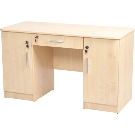 Birou catedra 130x60x76 cm, colturi rotunjite, 2 corpuri laterale si sertar central, cu incuietoari, culoare artar - poza 1