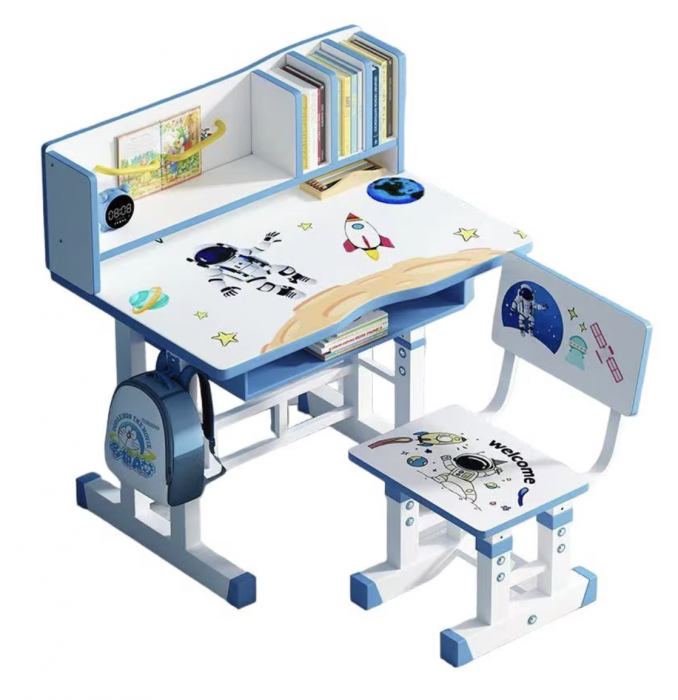 Birou cu scaun pentru copii, reglabile, cadru metalic si MDF, Universul Cosmic T18