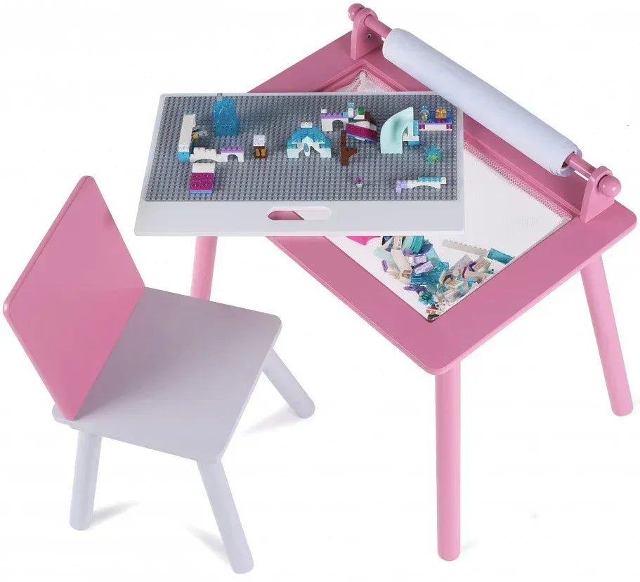 Birou pentru copii Roz cu tabla compatibila cu piese LEGO, din MDF, cu Scaunel, Rola de desen, Spatiu de depozitare, Blat reversibil - Default Title