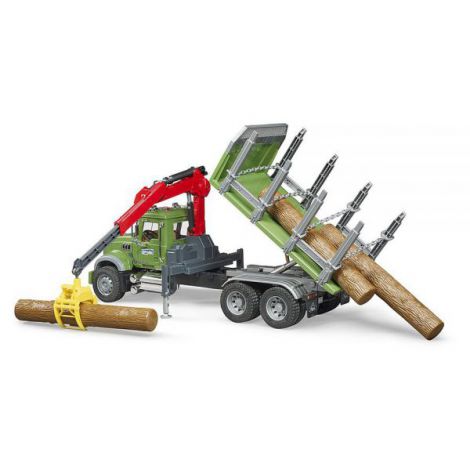 BRUDER - CAMION LEMNE MACK GRANITE CU MACARA DE INCARCARE, GRAIFER SI 3 BUSTENI - poza 4