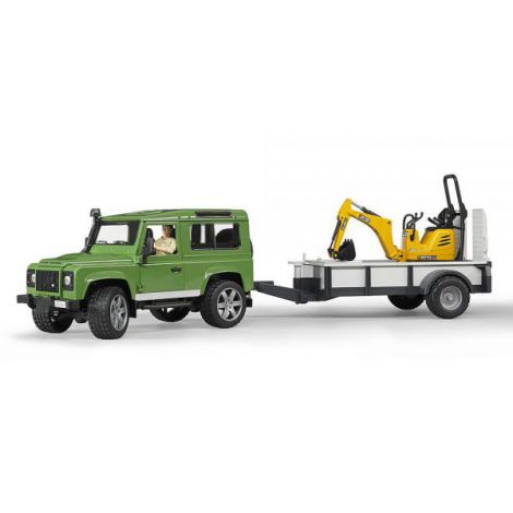 BRUDER - MASINA DE TEREN LAND ROVER DEFENDER CU REMORCA SI MICRO EXCAVATOR JCB CU MUNCITOR - poza 1