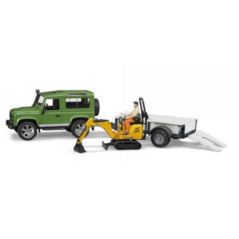 BRUDER - MASINA DE TEREN LAND ROVER DEFENDER CU REMORCA SI MICRO EXCAVATOR JCB CU MUNCITOR - poza 2