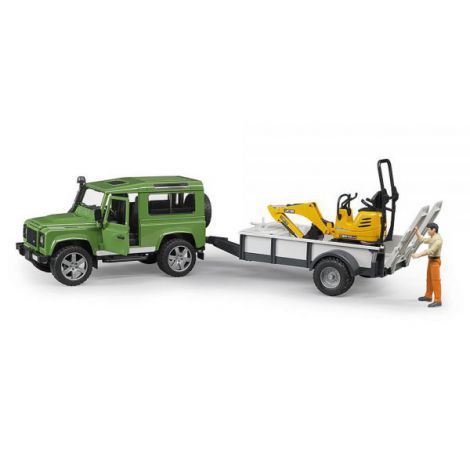 BRUDER - MASINA DE TEREN LAND ROVER DEFENDER CU REMORCA SI MICRO EXCAVATOR JCB CU MUNCITOR - poza 3