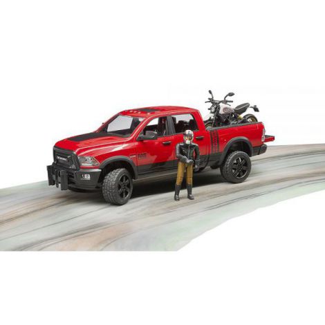 BRUDER - MASINA DE TEREN RAM 2500 CU MOTOCICLETA SCRAMBLER DUCATI DESERT SI SOFER - poza 2