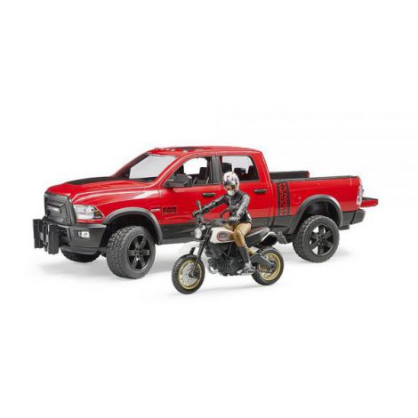 BRUDER - MASINA DE TEREN RAM 2500 CU MOTOCICLETA SCRAMBLER DUCATI DESERT SI SOFER - poza 5