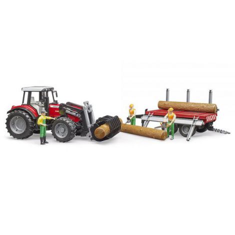 BRUDER - TRACTOR MASSEY FERGUSON 7480 CU INCARCATOR FRONTAL SI REMORCA PENTRU LEMNE - poza 1