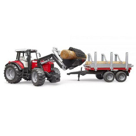 BRUDER - TRACTOR MASSEY FERGUSON 7480 CU INCARCATOR FRONTAL SI REMORCA PENTRU LEMNE - poza 2