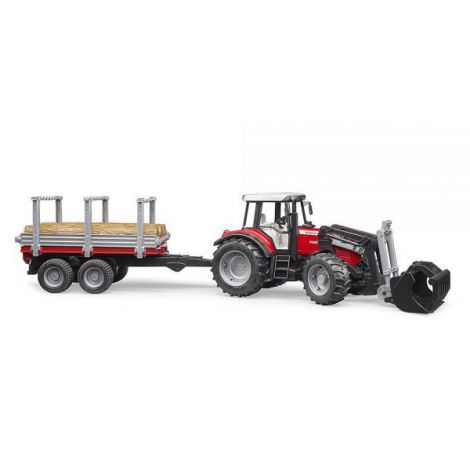 BRUDER - TRACTOR MASSEY FERGUSON 7480 CU INCARCATOR FRONTAL SI REMORCA PENTRU LEMNE - poza 3