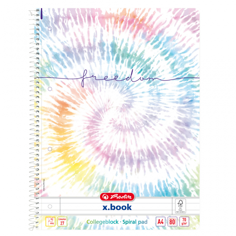 Caiet cu spirala A4, 80 file, dictando, colturi rotunjite, 70g mp, FSC, Herlitz X.Book New Batik Freedom,