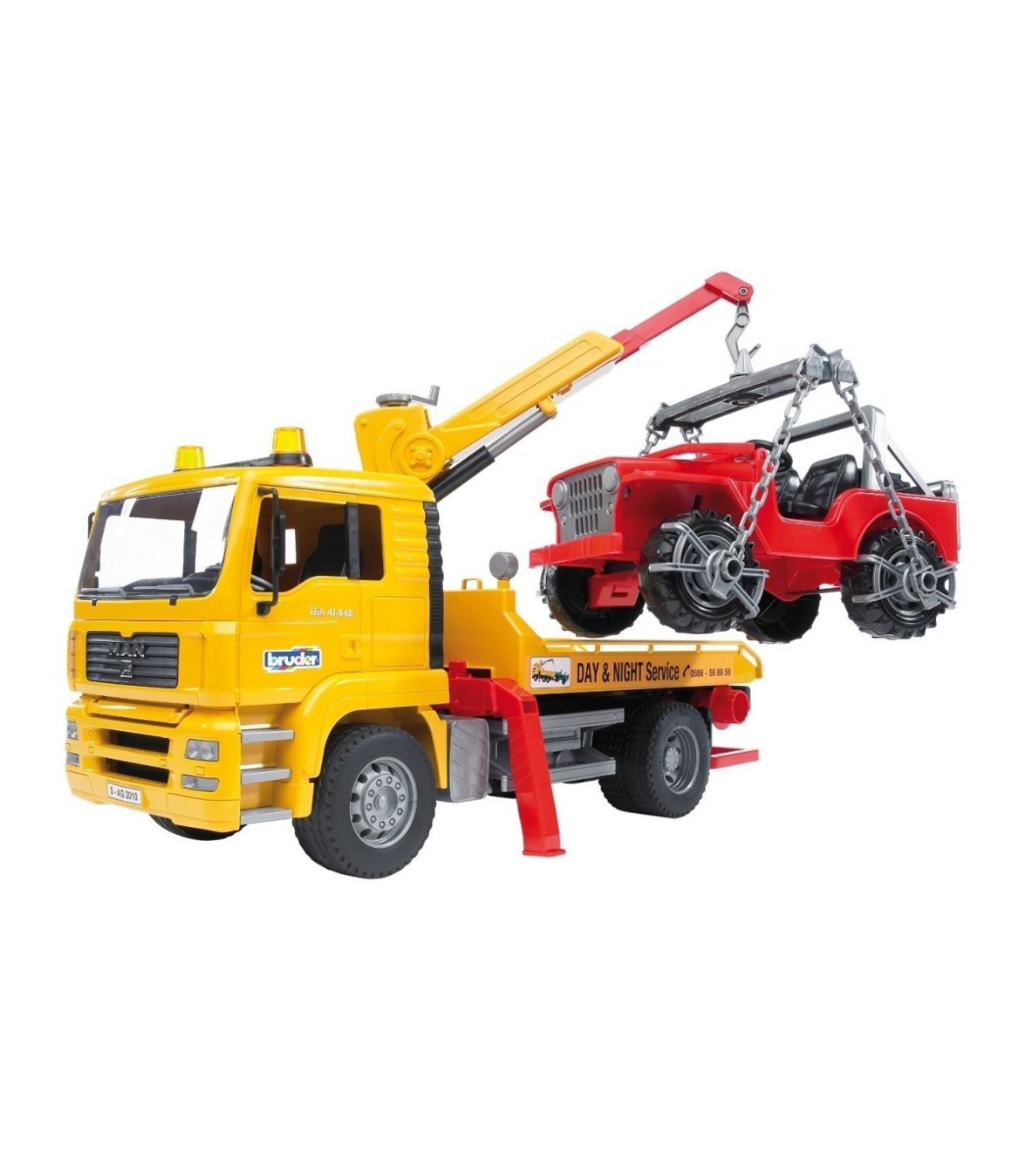 Camion cu platforma, macara Bruder MAN si vehicul de teren 02750 - poza 1