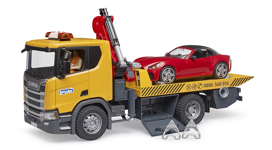 Camion cu platforma si masinuta Roadster Bruder Scania 03552 - poza 2