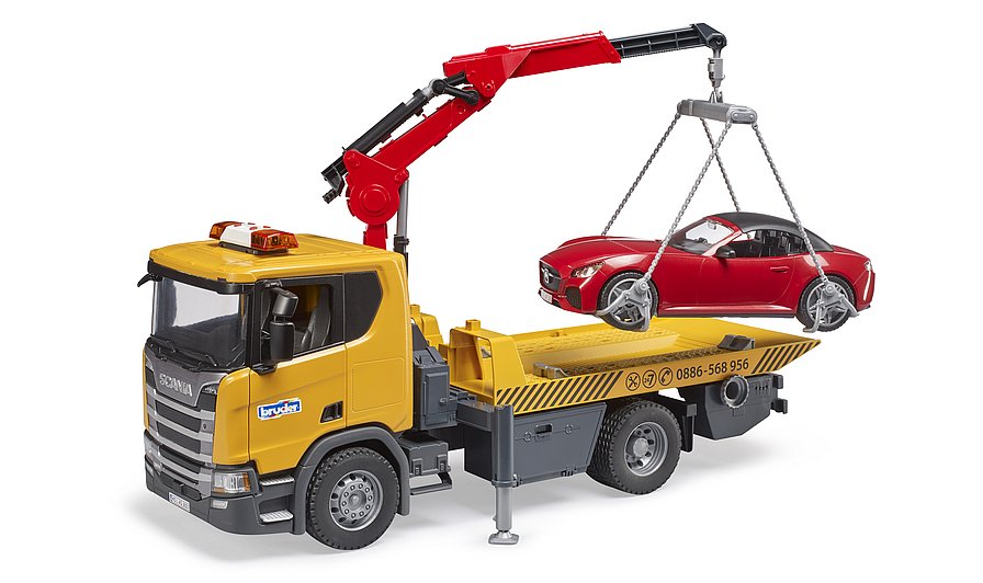 Camion cu platforma si masinuta Roadster Bruder Scania 03552 - poza 5