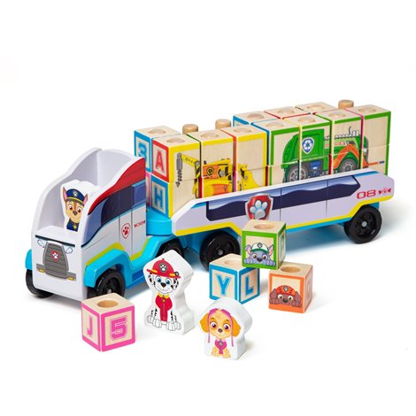 Camion cu remorca, 28 cuburi din lemn cu litere si 3 figurine Paw Patrol, Patrula Catelusilor - poza 1