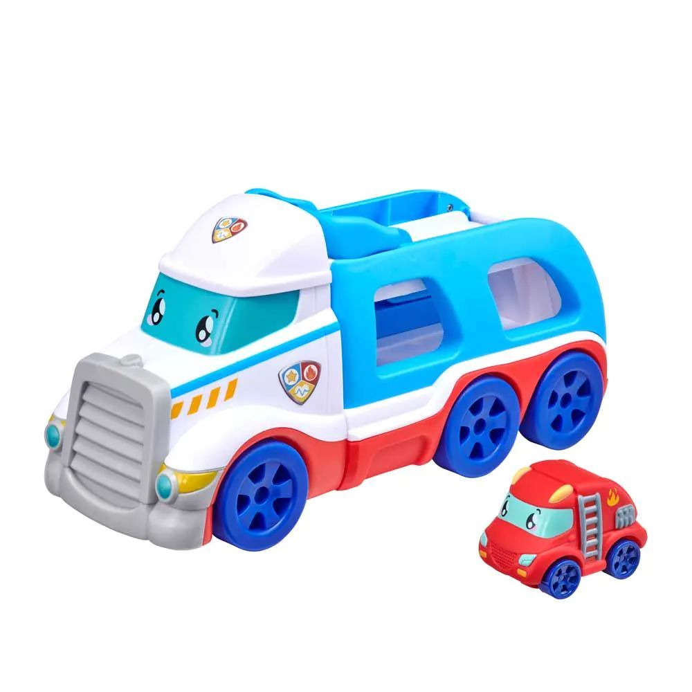 Camion transportator cu o masinuta din plastic moale Tiny Teamsterz - poza 1