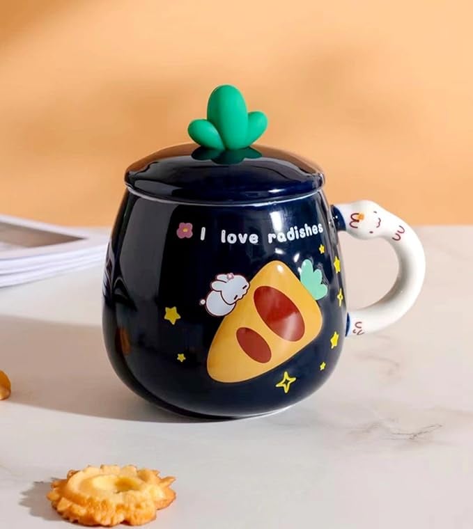 Cana cu capac si lingurita, design iepuras,albastru inchis,ceramica,500 ml