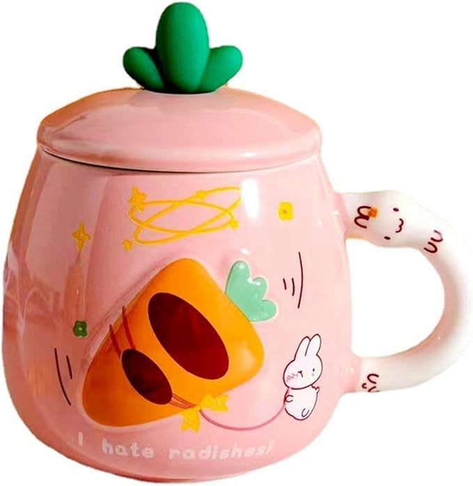 Cana cu capac si lingurita, design iepuras,crem-roz,ceramica,500 ml