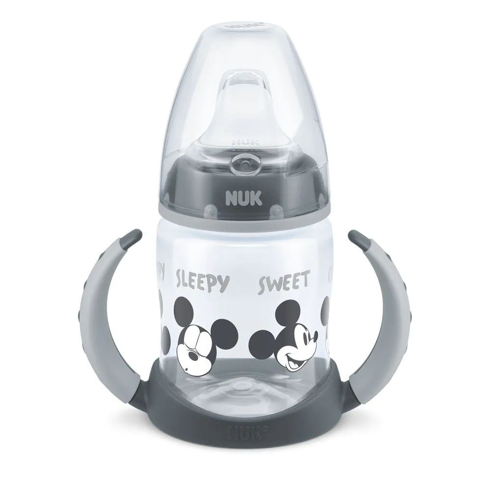 Canuta cu manere si cioc silicon cu control de temperatura Nuk First Choice Mickey Grey
