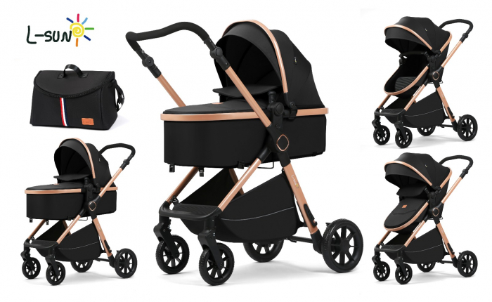 Carucior 2 in 1, F7 Negru, reversibil, pliabil compact, suspensii duble