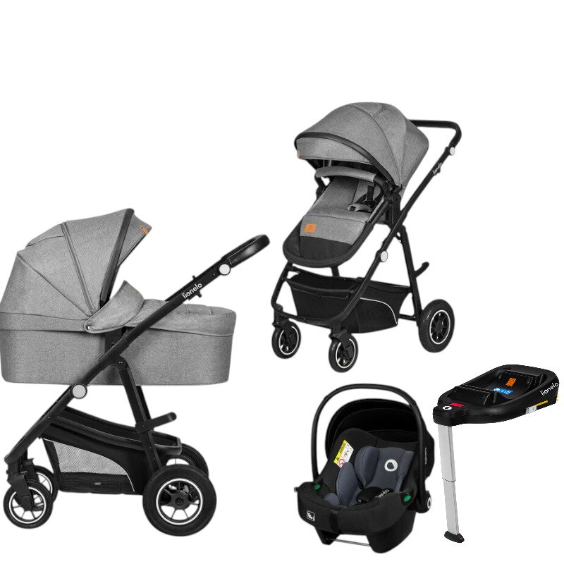 Carucior 4 in 1, Lionelo, Bianka, Transformabil, Cu landou si salteluta moale, Cu scoica auto, Baza isofix pentru scoica, Cu multiple accesorii, Sustine 22 kg, 0 luni+, EN1466:2014+AC:2015, EN1888, Gri