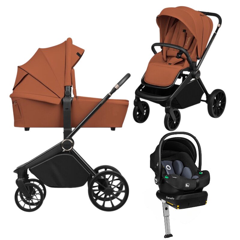 Carucior 4 in 1, Lionelo, Mika Plus, Cu landou intarit si salteluta moale, Cu scoica auto testata ADAC, Baza isofix pentru scoica, Reversibil, Sistem de ventilatie 3D, Cu accesorii, Pana la 22 kg, EN1888-1 EN1888-2 EN1466 ECE R129, Maro