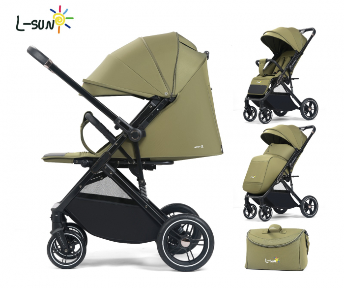 Carucior sport Q1, Verde, cu maner reversibil, pozitie de somn, pliabil, cu husa si geanta