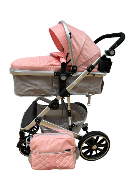 Carucior T1, 2 in 1, cu suspensii, reversibil, cu geanta, roz gri