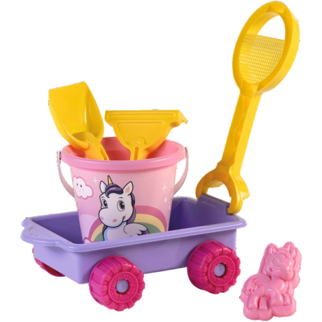 Carucior Unicorn cu unelte pentru apa si nisip si galetusa incluse