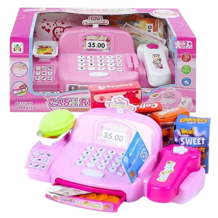 Casa de marcat interactiva pentru copii cu sunete, scanner si 18 accesorii, roz, +3 ani