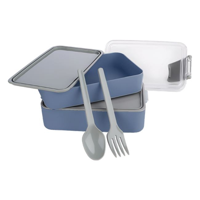Caserola dubla cu capac si tacamuri incluse,albastru,plastic 0% BPA,900 ml