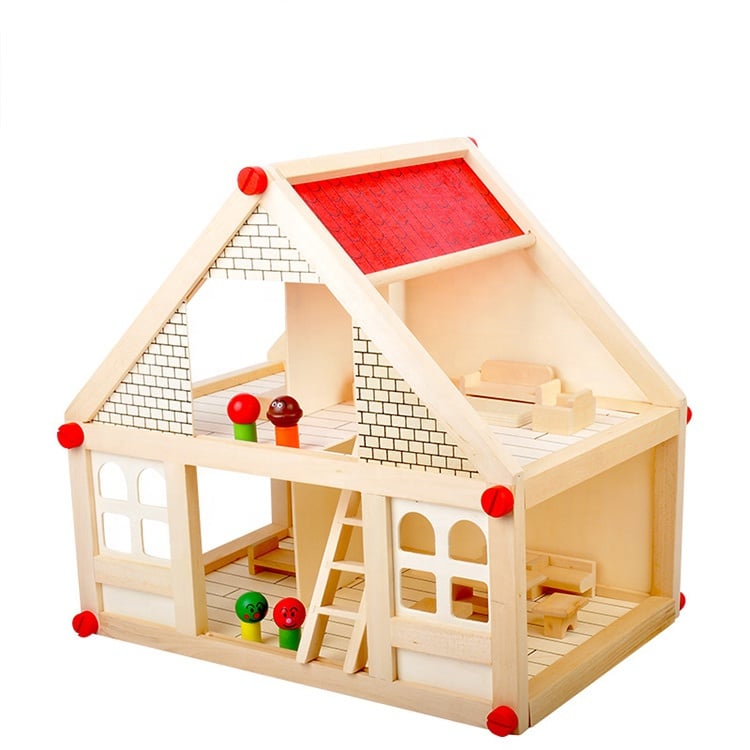 Casuta din lemn pentru papusi cu mobilier si 4 figurine