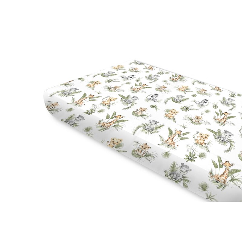 Cearceaf cu elastic, Qmini, Pentru pat 160x80 cm, Din bumbac certificat Oeko Tex Standard 100, Safari